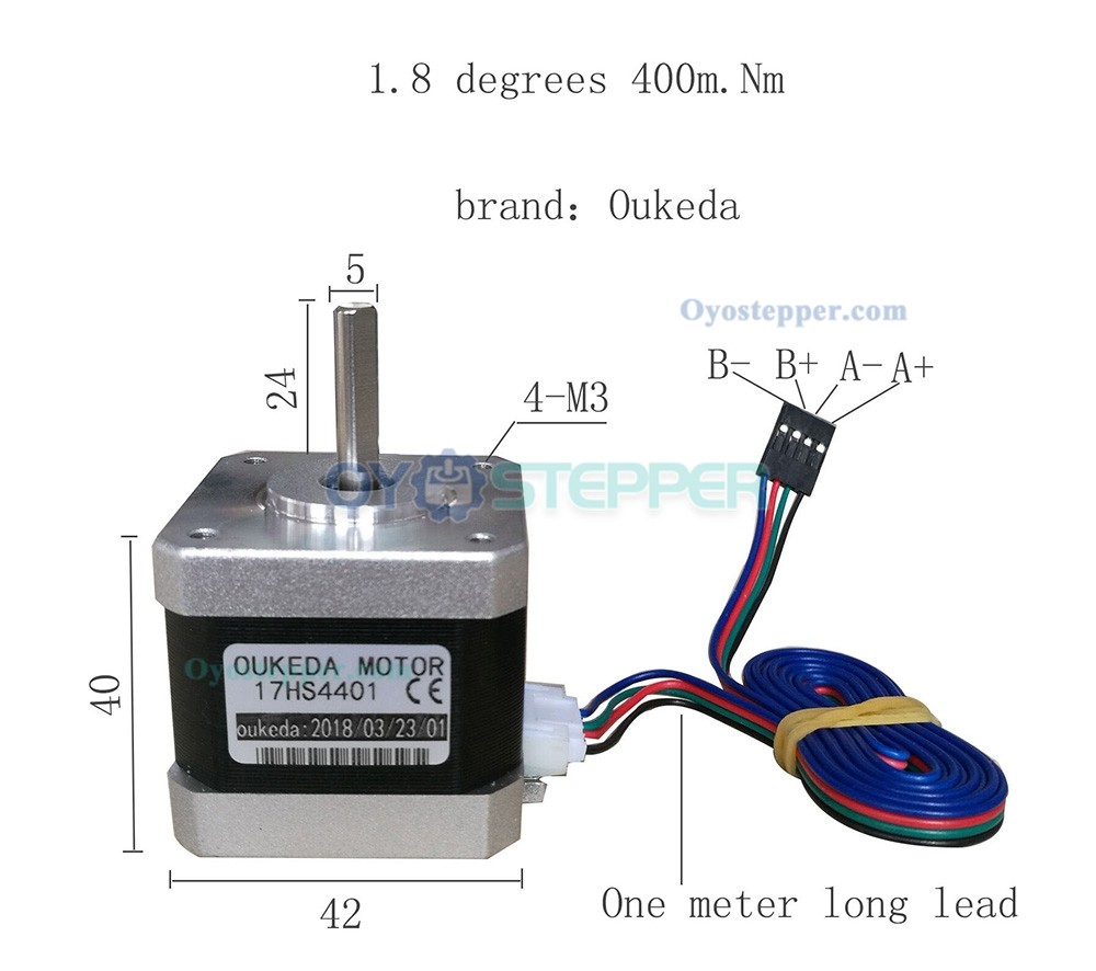 Oukeda 17HS4401 NEMA 17 Stepper Motor 1.8 Deg 45Ncm 2 Phase for 3D Printer Robotics 42X42mm